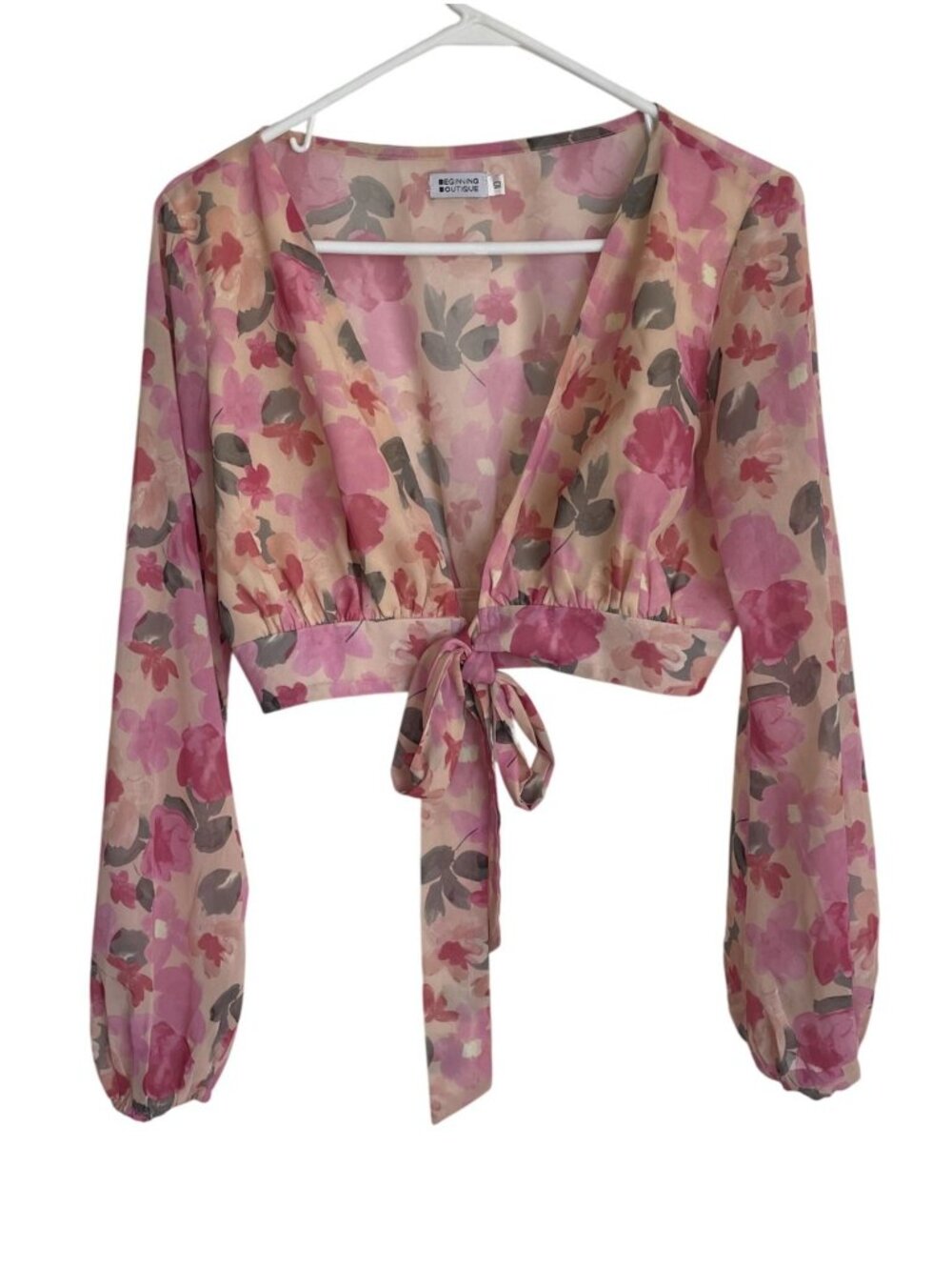 Floral Print Sheer Tie-Front Long-Sleeve Crop Top By Beginning Boutique Size 10